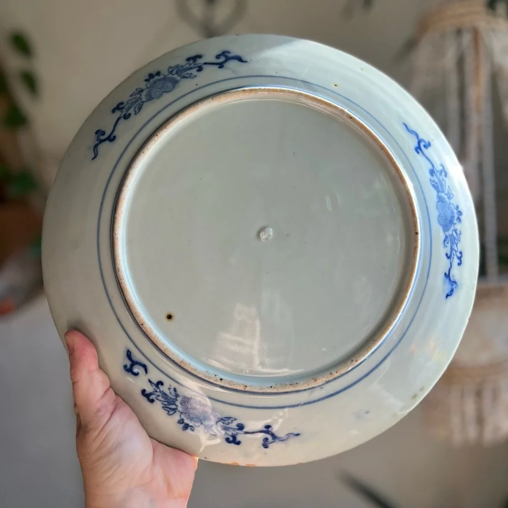 Antique Japanese Blue and White Igezara Porcelain Plate, Screen & Bamboo Design